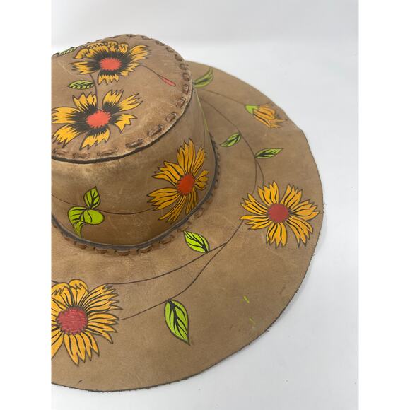 Vintage Leather Stitch Hand Painted Sunflower Wide Brim Ladies Hat ~AMAZING OOAK - Picture 12 of 16